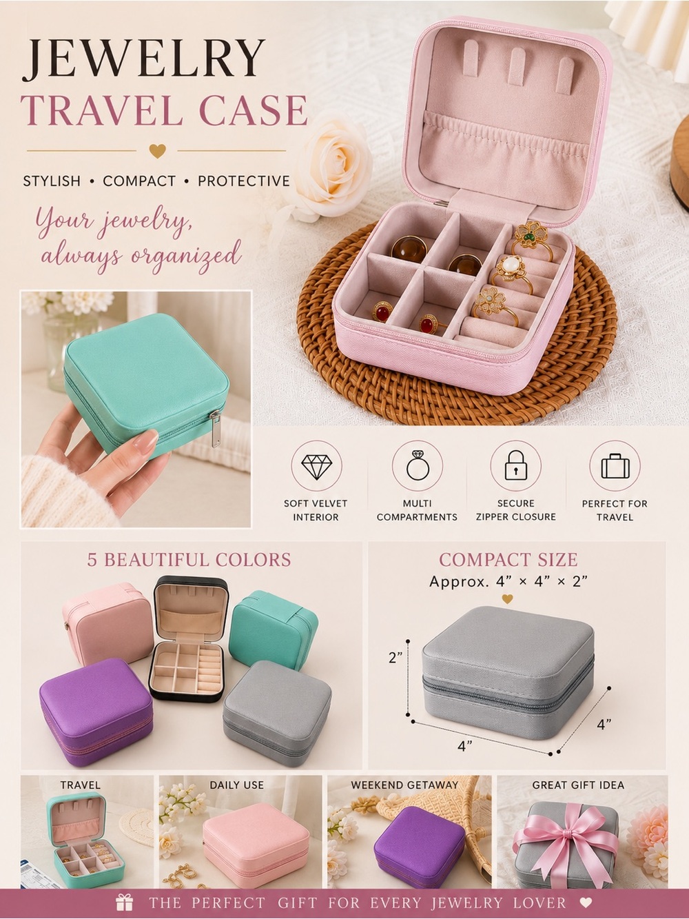 Travel Jewelry Case Organizer Faux PU Leather for Ring Earring Necklace Storage